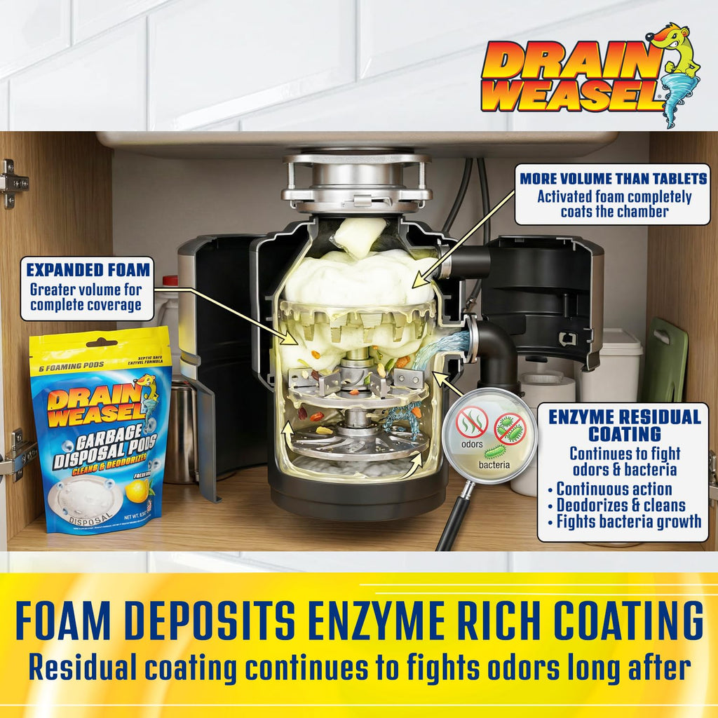 Drain Weasel Garbage Disposal Pods Cleaner and Deodorizer, Sink Odor Eliminator with Foaming Action, Septic-Safe Enzyme Formula, Fresh Lemon Scent, Pack of 5