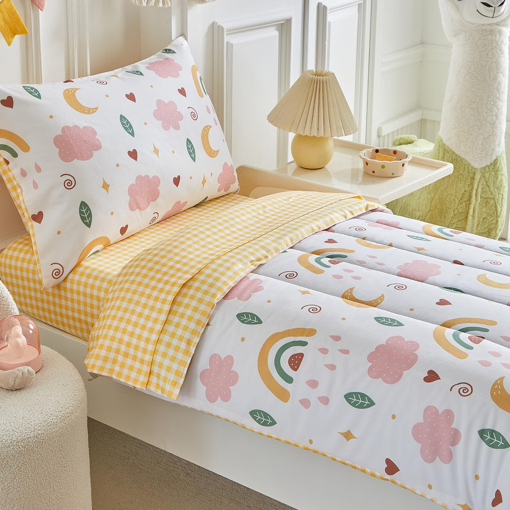 Joyreap 4 Piece Toddler Bedding Set for Girls- Pink n Yellow Clouds Moon Rainbow Lovely Design, Microfiber Toddler Bedding Comforter Set for All Seasons