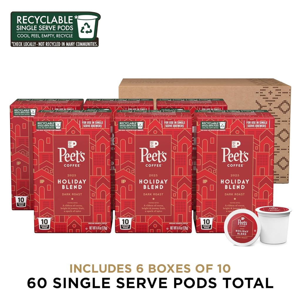 Peet's Coffee Dark Roast K-Cup Pods - 100% Arabica Holiday Blend, 60 Count (6 Boxes of 10 Pods)