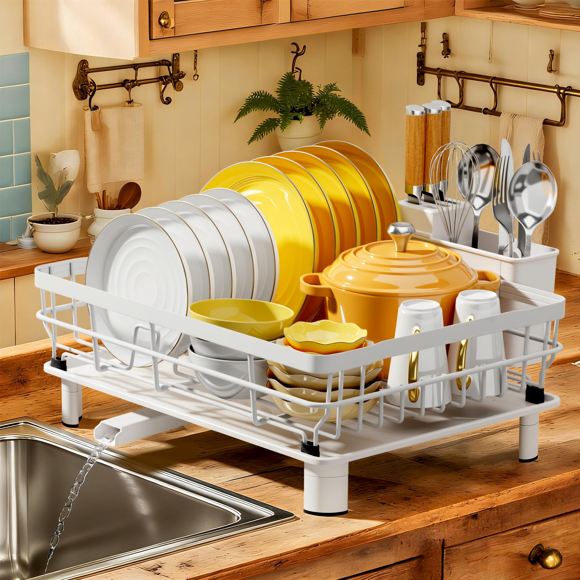 MOUKABAL Dish Drying Rack, Dish Rack, Stainless Steel Dish Racks for Kitchen Counter, Dish Drainer with Removable Utensil Holder, Drainboard (White,13''W x 17''L)