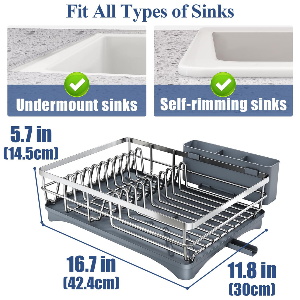 SNTD Dish Drying Rack for Kitchen Counter - Stainless Steel Dish Rack with Drainboard, Large Dish Drainer with Utensil Holder for Sink, Silver