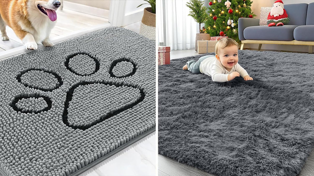 OLANLY Chenille Dog Door Mat & Area Rugs - Soft, Durable Grey Set | 30x20 in & 4x5.9 ft Sizes