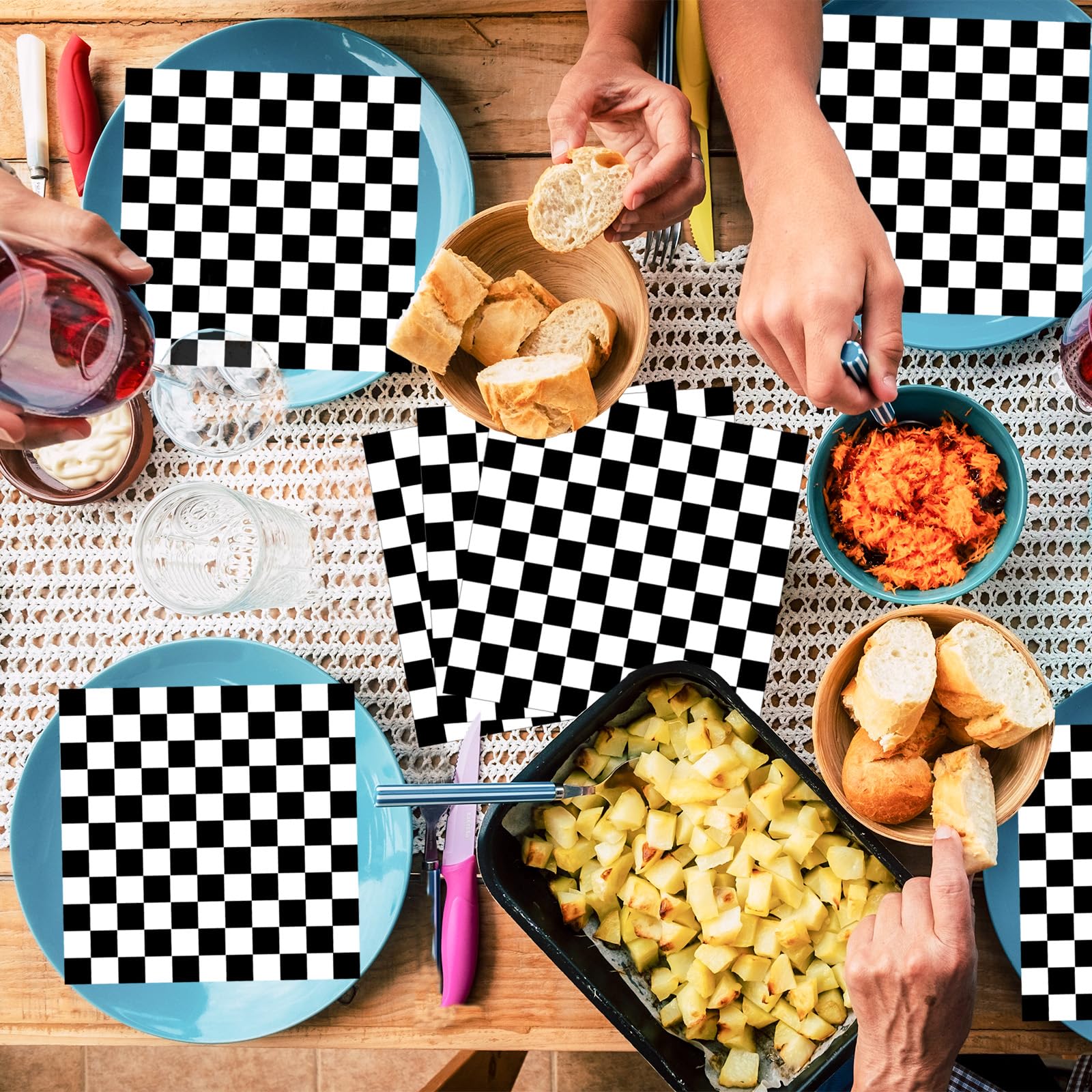 50 Count Black and White Checkered Paper Napkins, Disposable Cocktail Napkins with Racing Theme Checkerboard Design for Race Car Party, Birthday, Baby Shower, and Speed-Themed Table Decorations