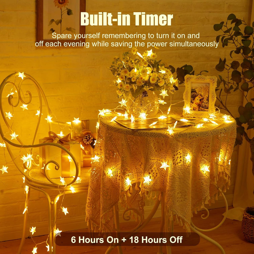 Minetom Star String Lights - 50 LED Battery Operated Fairy Lights | 17 ft Waterproof Warm White for Indoor & Outdoor Decor