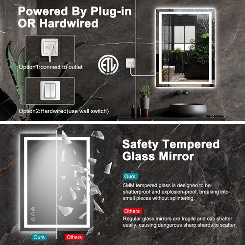 24x32 LED Bathroom Mirror with Lights, Anti Fog Vanity Mirror Wall Mounted, Dimmable Front Light and Backlight, Memory Function Tempered Glass, Shatter Proof ETL Listed