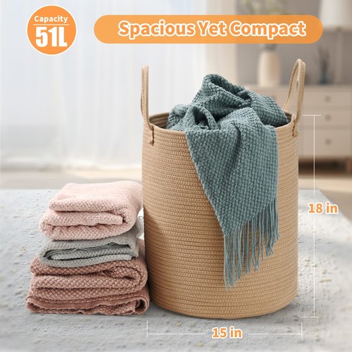Happyiren 2-Pack Extra Large Cotton Rope Hamper Baskets – 15"x18" Oversized Woven Storage Bins for Blankets, Toys, Dirty Clothes – Pink & Beige Decorative Hamper for Nursery, Living Room, Laundry Room