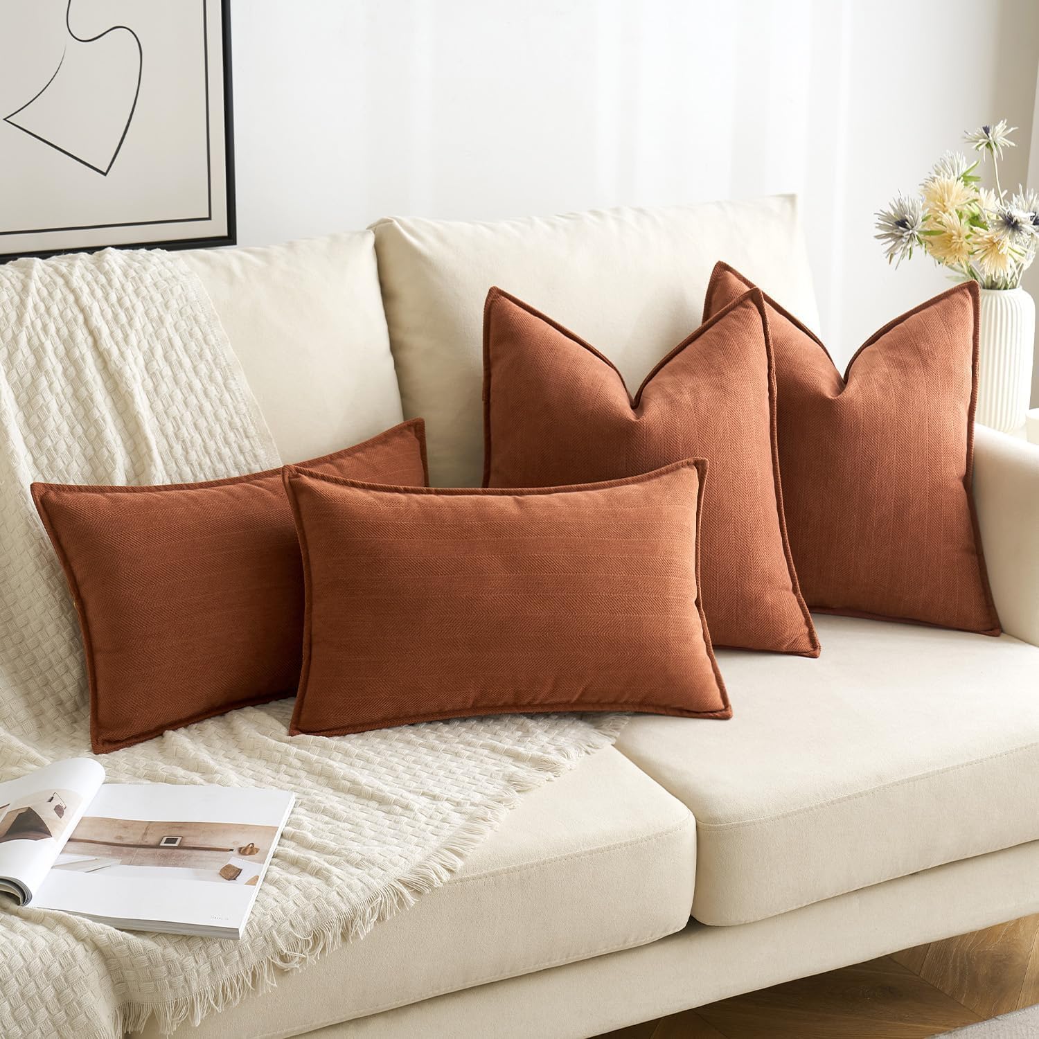 MIULEE Burnt Orange Decorative Pillow Covers - Soft Chenille 20x20 Inch | Luxurious Farmhouse Cushion for Sofa & Bedroom
