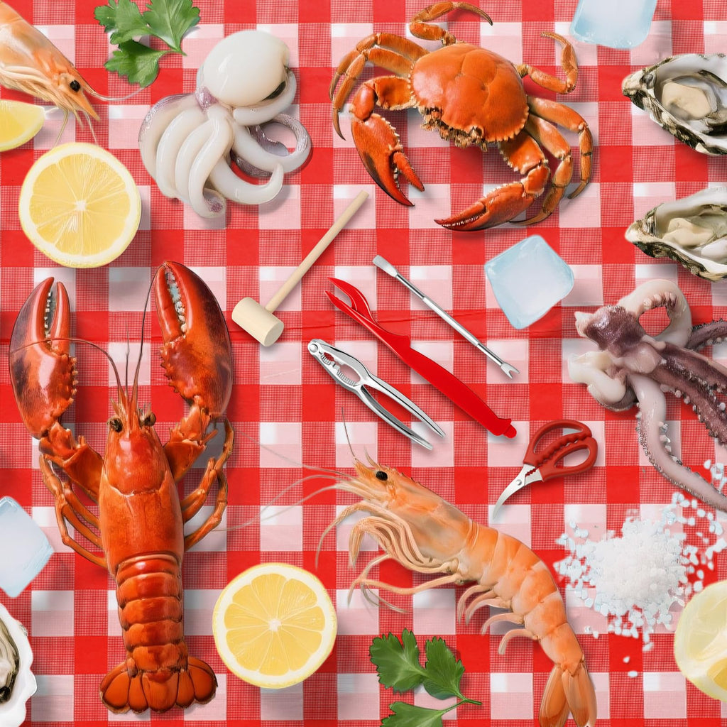 SmoothNovelty 21 Pcs Seafood Tools Set Seafood Boil Party Supplies, Tablecloth Crab Crackers Scissors Lobster Sheller Hammer Shellfish Fork Cracker Plastic Bucket for Lobster Crawfish Food Party
