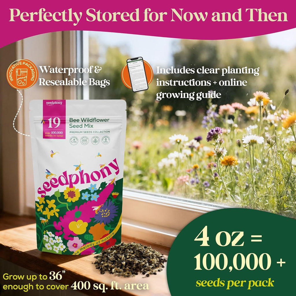 Seedphony Wildflower Seeds Mix - 100,000 Non-GMO Heirloom Seeds for Pollinators | 4oz Waterproof Packet