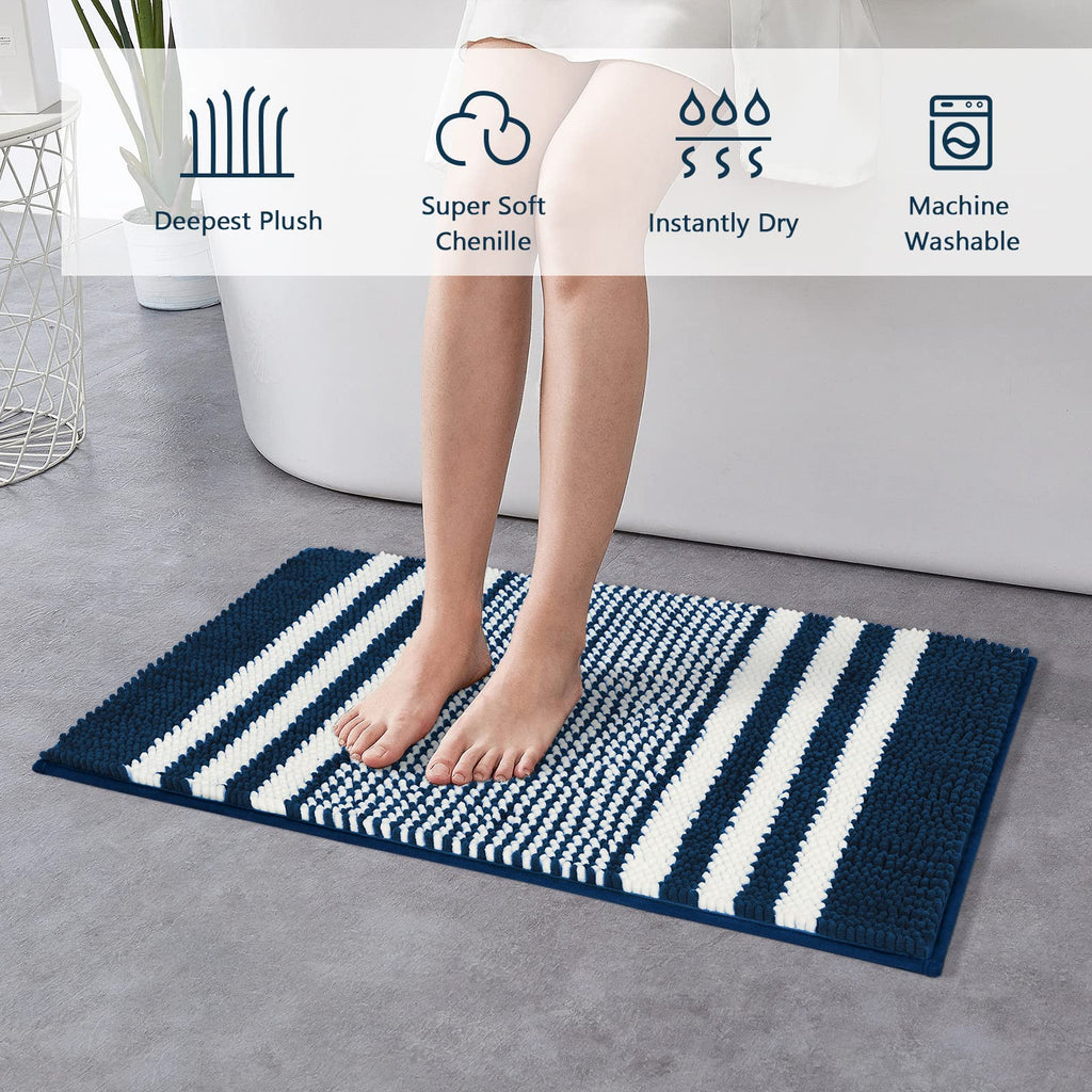 Starryle Bathroom Rugs Set 2 Piece, Extra Soft and Absorbent Fluffy Striped Chenille Bath Mat Rug Set, Non Slip Bathroom Floor Mat, Machine Washable (24" x 35" Plus 16" x 24", Light Blue)