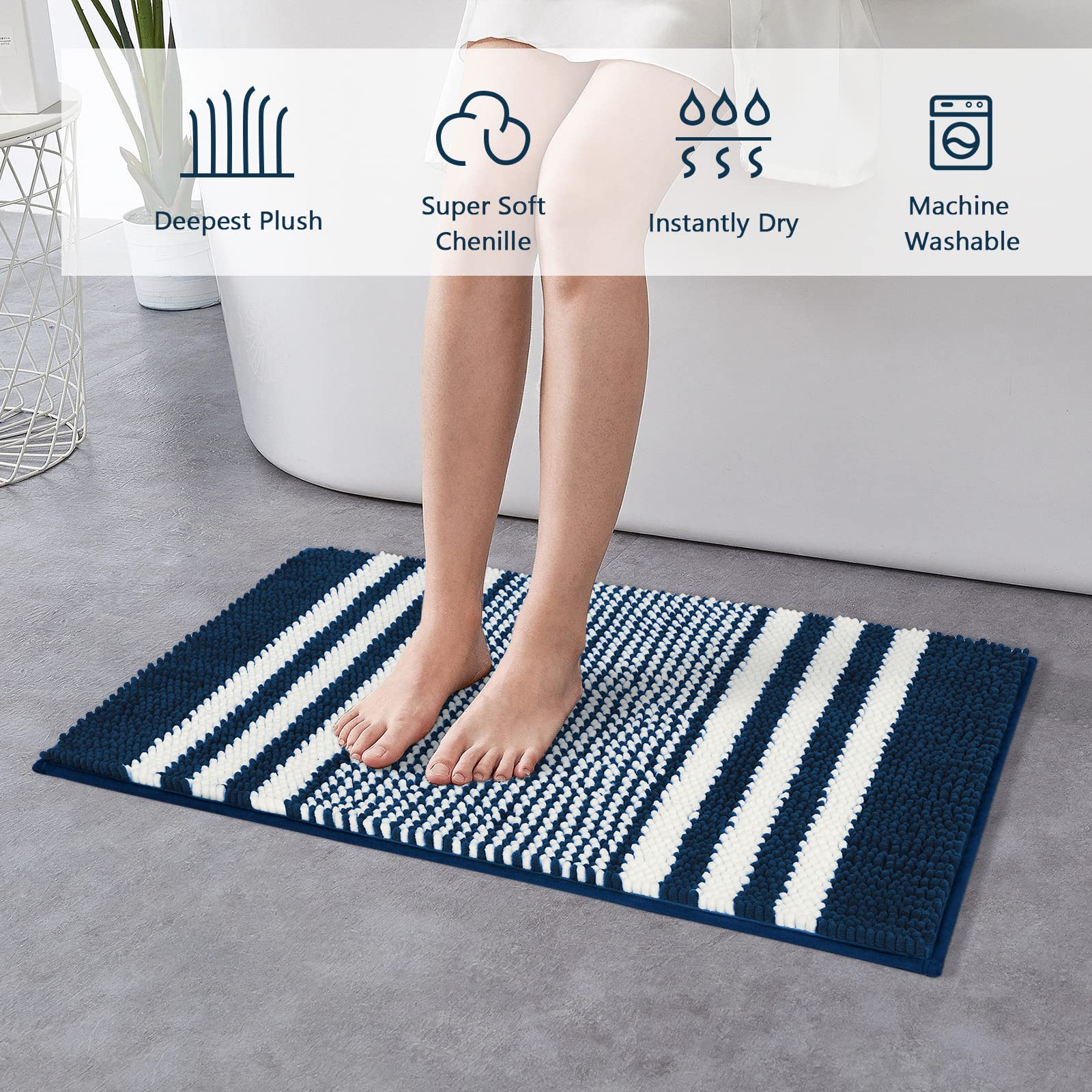 Starryle Bathroom Rugs Set 2 Piece, Extra Soft and Absorbent Fluffy Striped Chenille Bath Mat Rug Set, Non Slip Bathroom Floor Mat, Machine Washable (24" x 35" Plus 16" x 24", Light Blue)