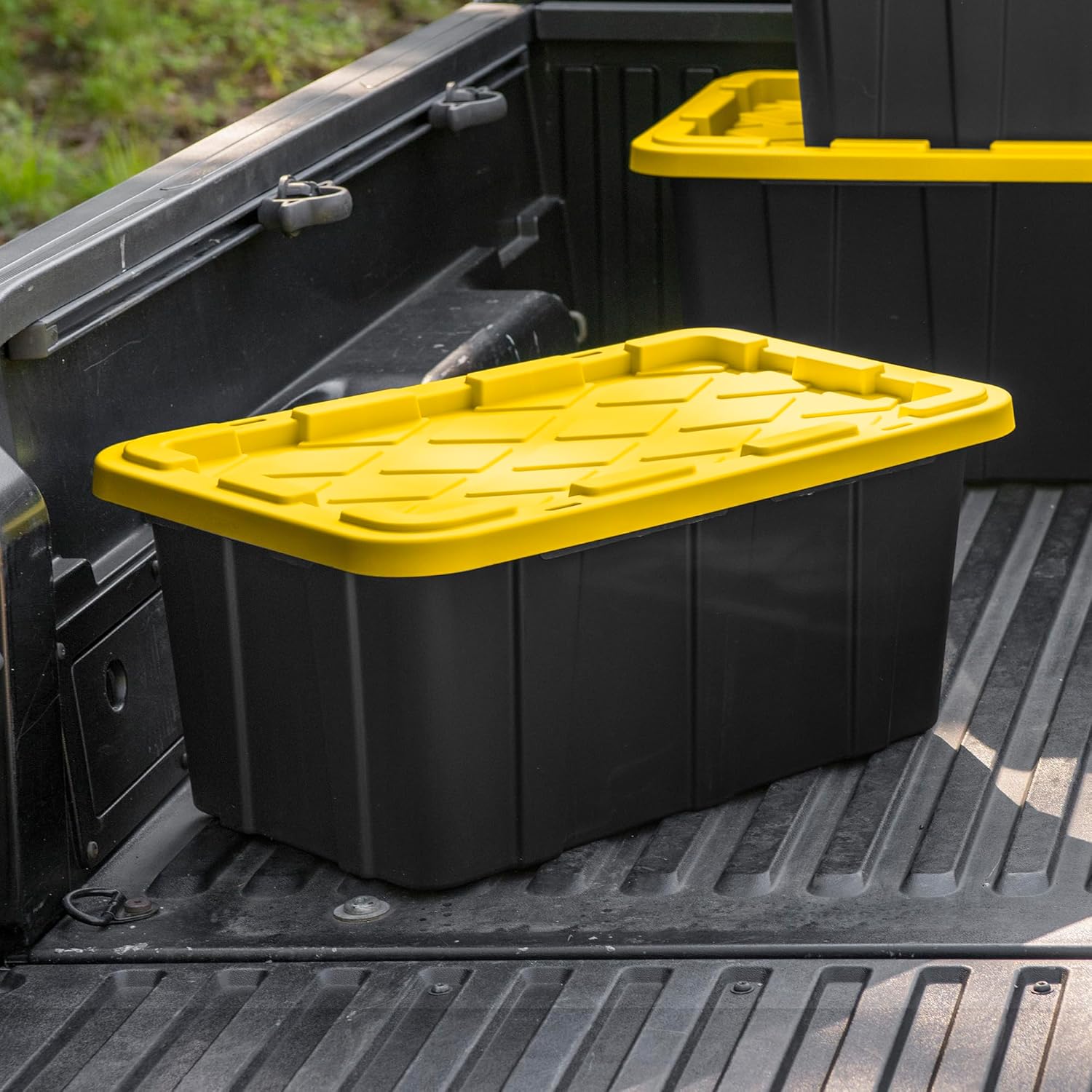 Sterilite 17 Gal Industrial Tote - Stackable Storage Bin with Snap-Fit Lid | Black Base & Yellow Lily Lid, 6-Pack