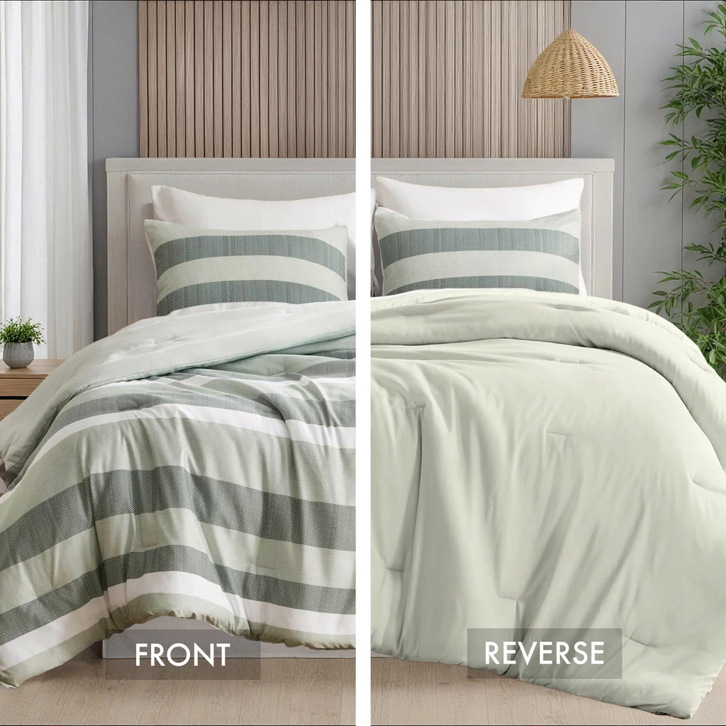 Regency Heights Full/Queen Size Comforter Set Sage Green - 3 Pieces Modern Striped Quilt Bedding for Dorm All Season Soft Lightweight Reversible Bed Set with Comforter & Shams