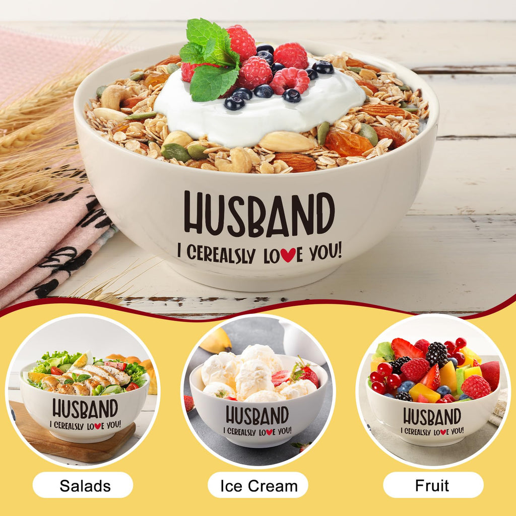 Husband Gifts from Wife, Valentines Day Gifts for Him Husband, Ceramic Bowl & Spoon Set for Cereal, Ramen, Soup, Ice Cream, Salad, Fruit - Perfect for Birthday Christmas Valentines Wedding Anniversary