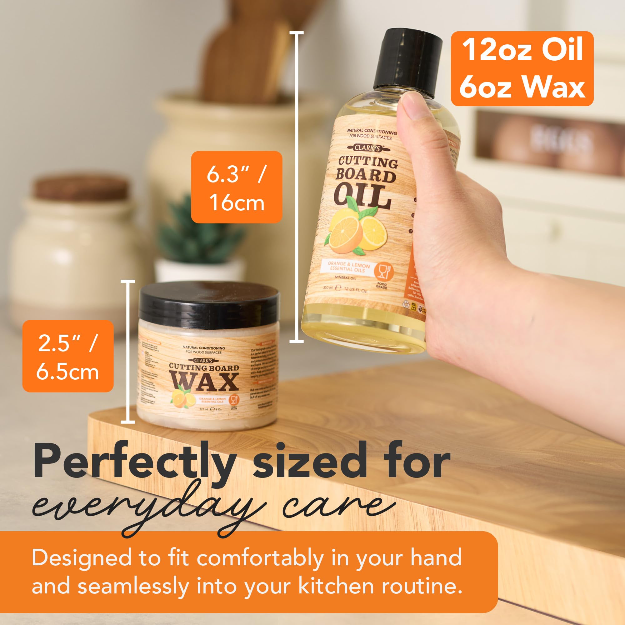 CLARK'S Food Grade Mineral Oil (12oz) and Carnauba Wax (6oz) Set - 100% Natural Butcher Block Oil and Cutting Board Wax - Food Safe Beeswax and Wood Cutting Board Oil with Orange & Lemon Extract