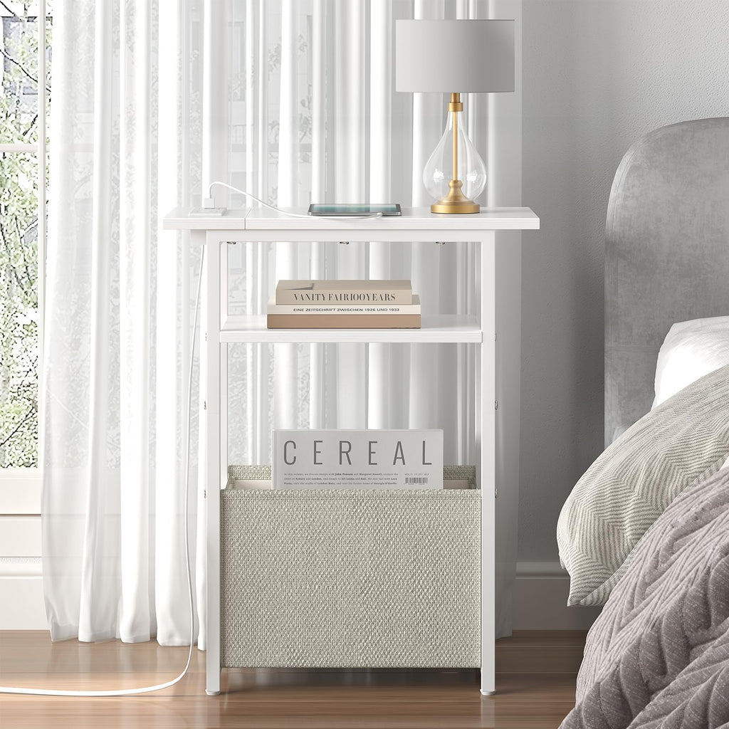 sthmec Narrow Side Table with Charging Station, Small End Table for Small Spaces, Skinny Nightstands with Storage Basket, 3 Tier Sofa Couch Bedside Tables for Living Room,Bedroom, White