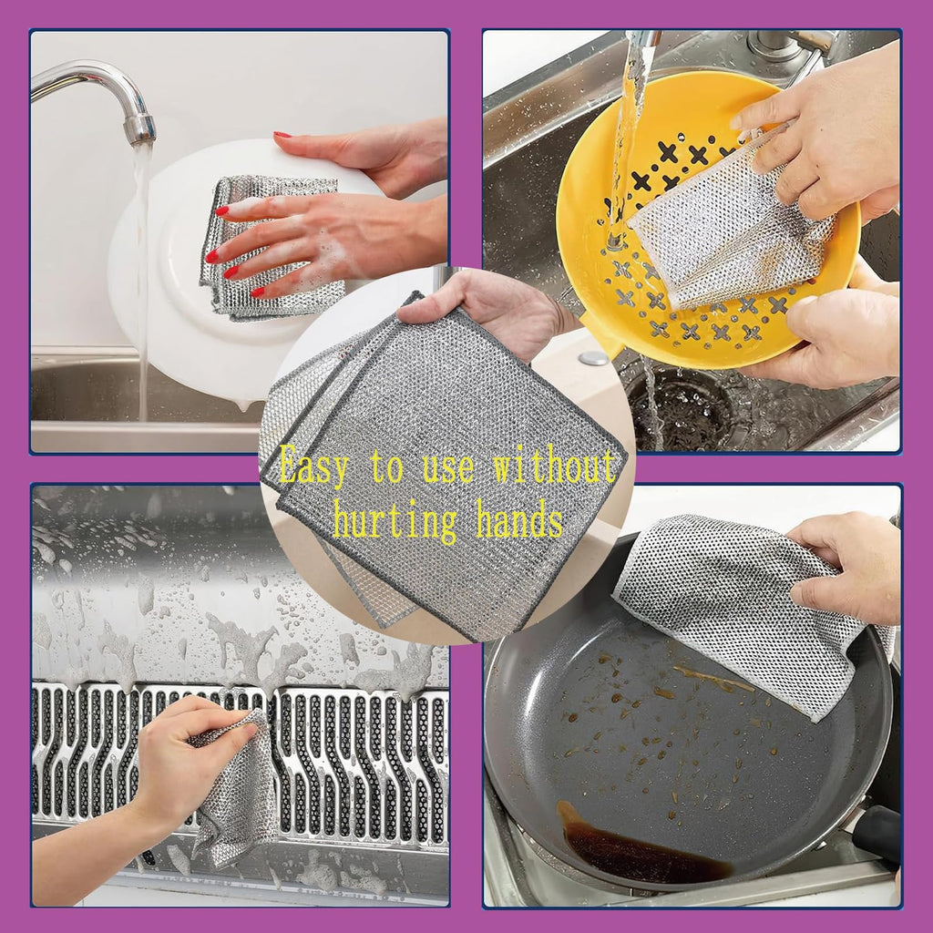 Double layer metal wire scratch free cloth, dry and wet dual-purpose metal wire dishwashing cloth, suitable for kitchen cleaning, cookware, tableware, sink, stove, etc., easy to rinse (10 pieces)