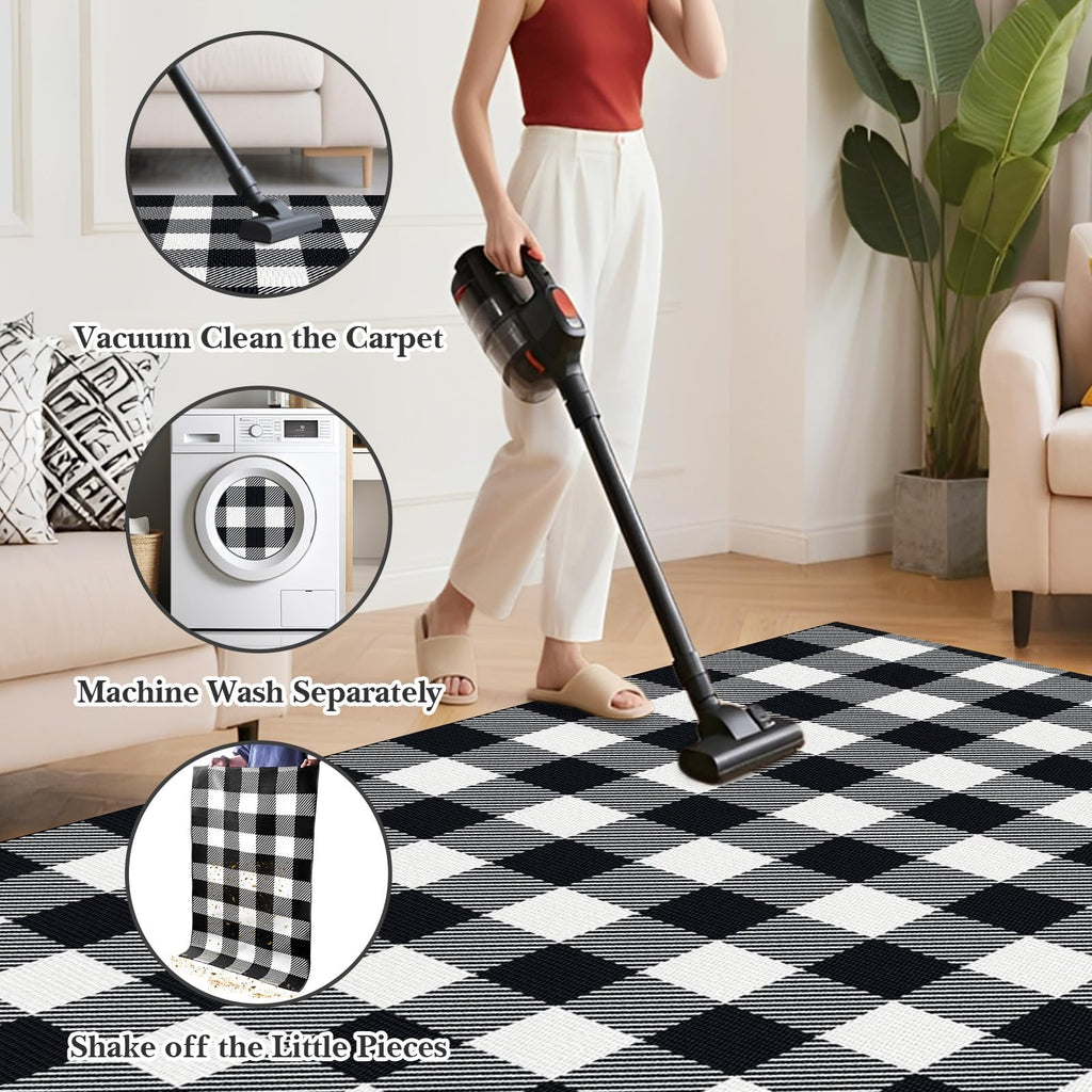 SofterCharm Area Rug, 2’4’’ x 3’7’’ Black and White Checkered Rug Plaid Outdoor Rugs, Soft Machine Washable Cotton Woven Welcome Mat Area Rugs for Home Decor, Bedroom, Doormat, Balcony, Porch, Patio
