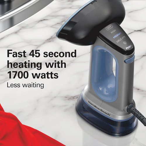 Hamilton Beach Durathon Handheld Garment Steamer - 1700W Quick Heat-Up, 300ml Tank, Gray & Blue