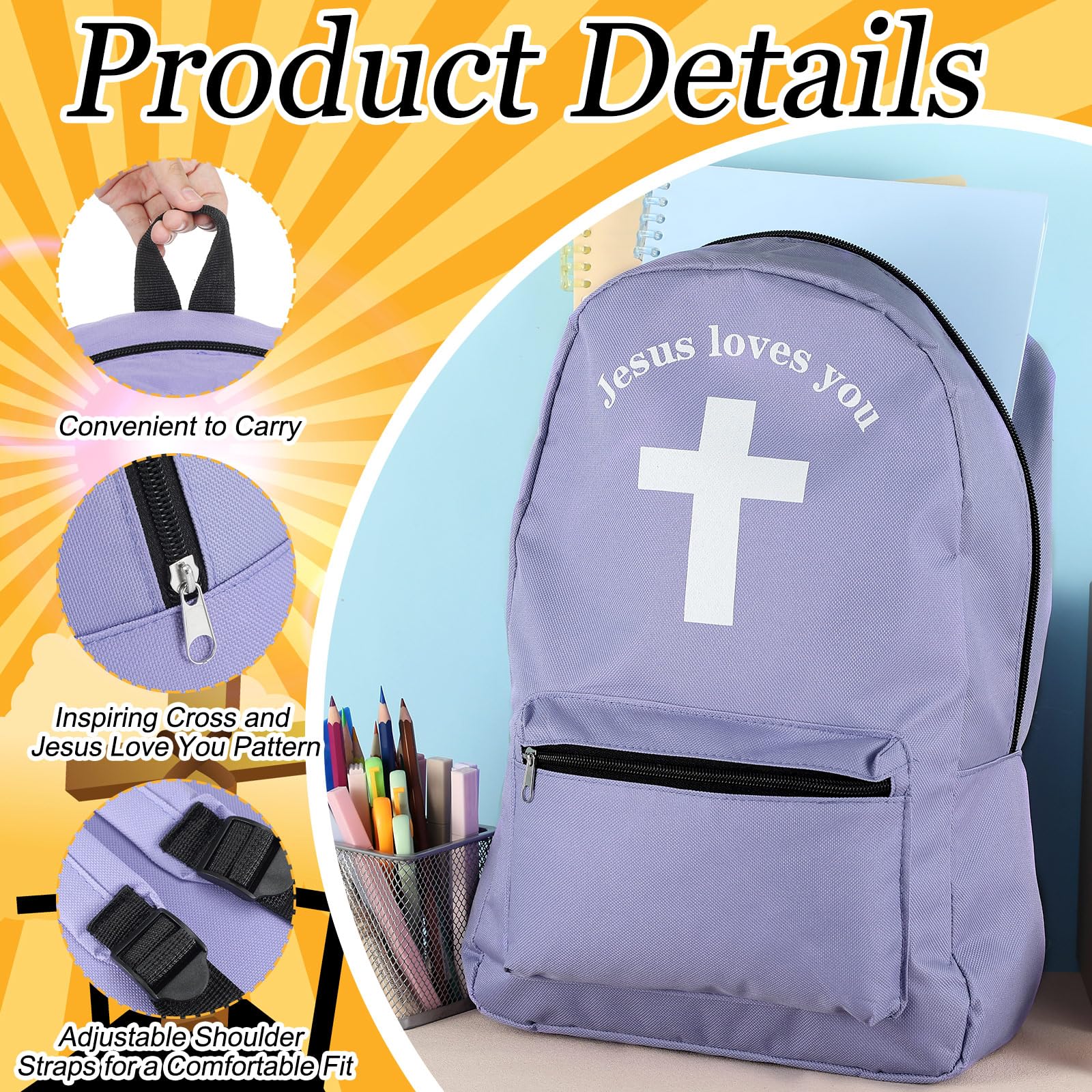 Amylove 12 Pcs Kids Christian Backpacks Bulk- 17'' Religious Jesus Loves You Cross Backpack for Christmas Church Gifts(Multicolor)