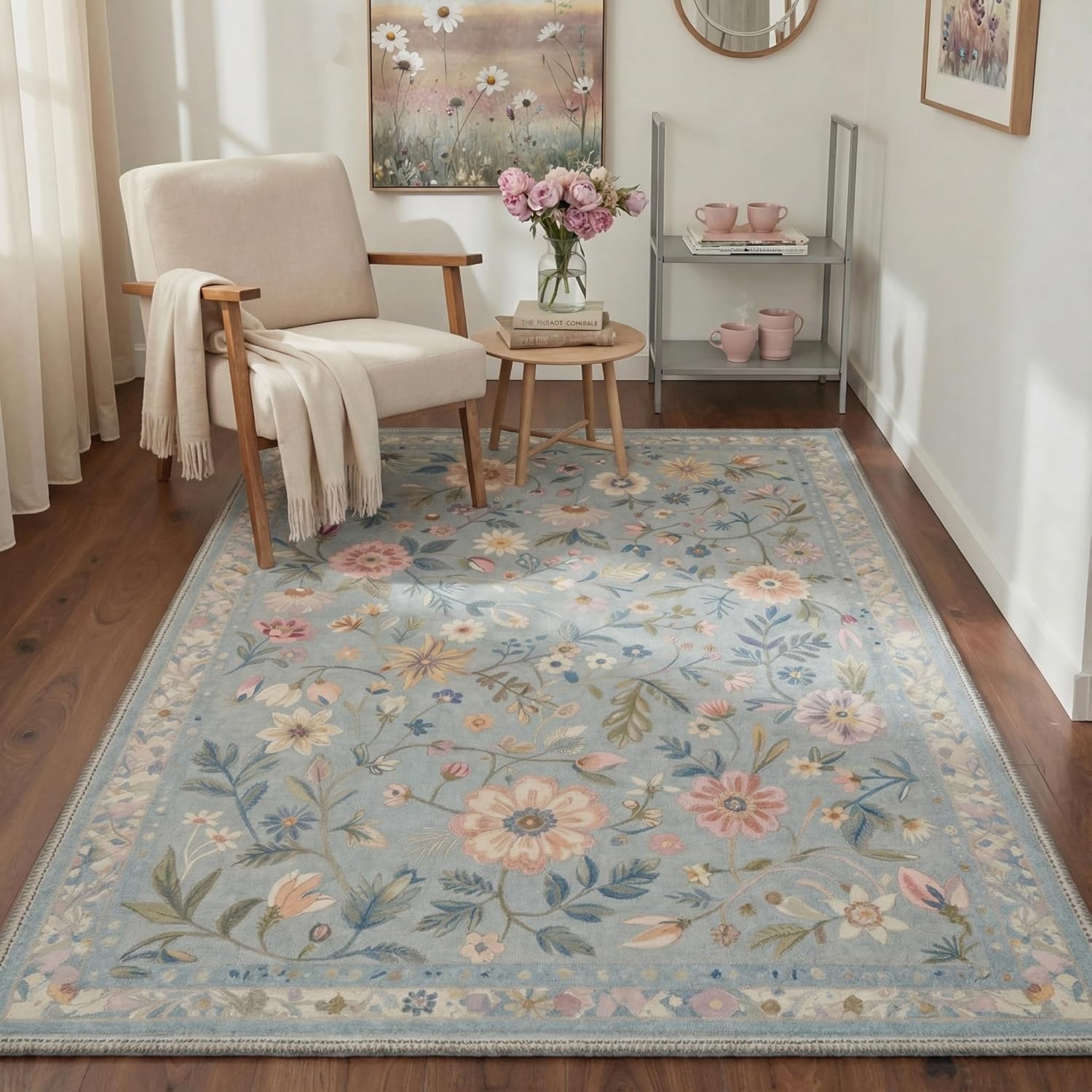Bavni Runner Rug - Vintage Floral Print, Machine Washable & Non-Slip - 2.5x6 ft, Misty Blue