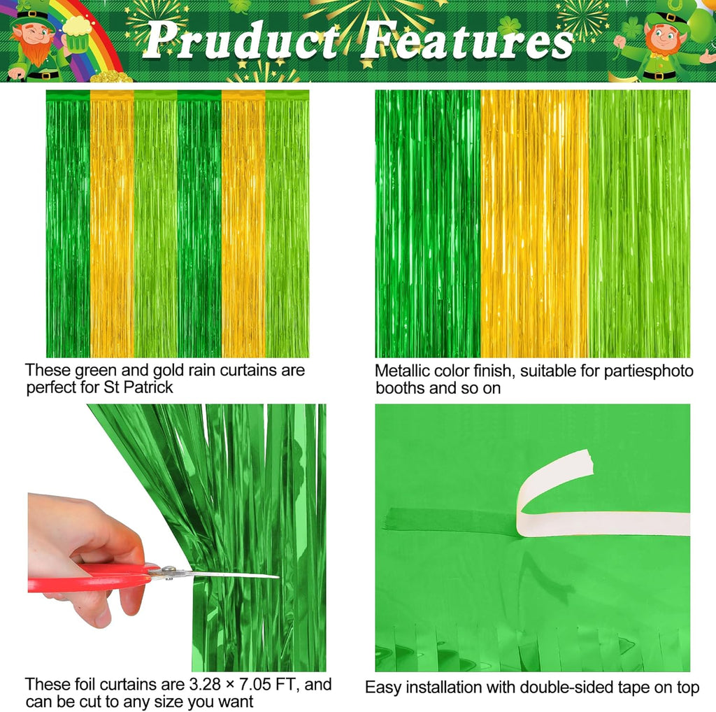 St. Patrick's Day Party Decorations - 2 Pack Green & Gold Backdrop Curtains | 3.28 FT x 7.05 FT Tinsel Streamers