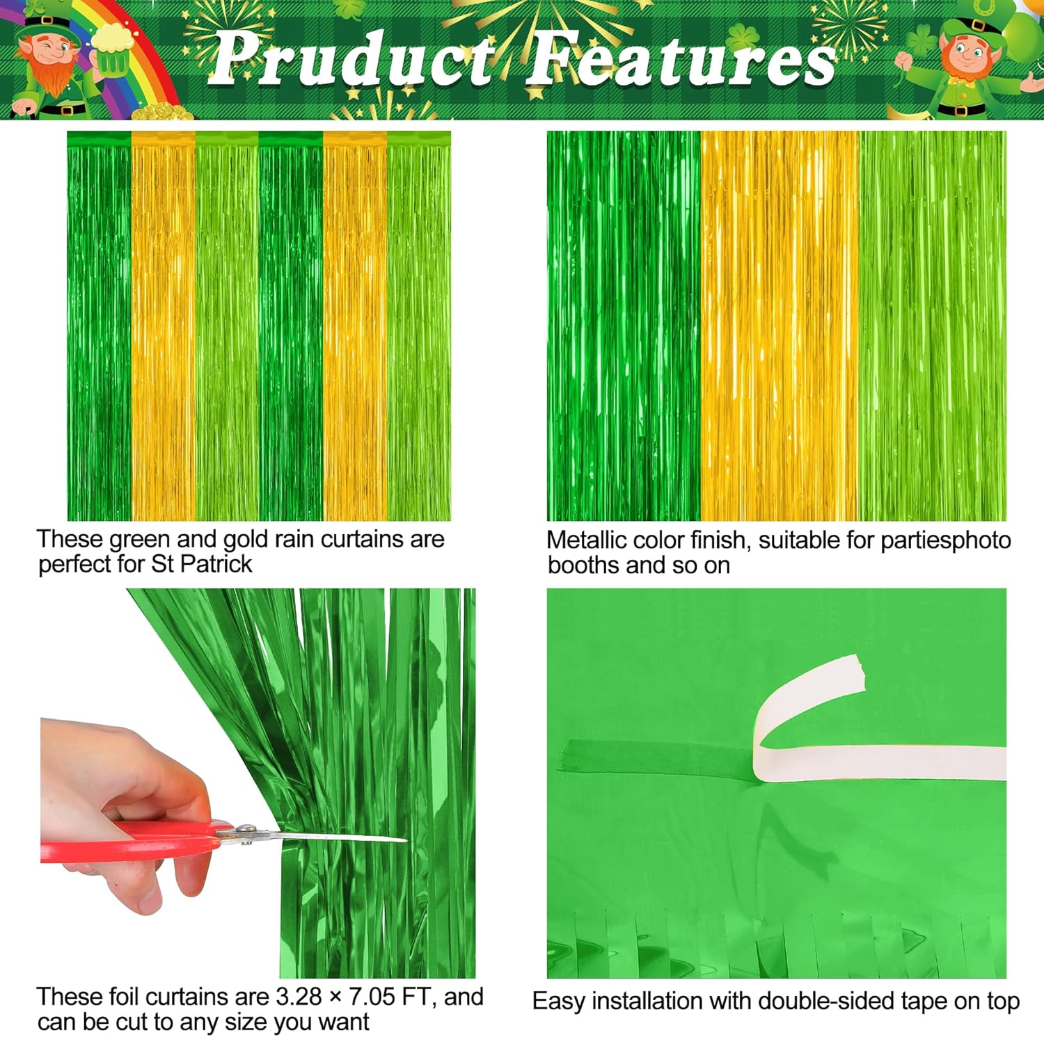St. Patrick's Day Party Decorations - 2 Pack Green & Gold Backdrop Curtains | 3.28 FT x 7.05 FT Tinsel Streamers