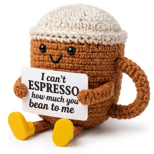Birthday Gifts for Women,Cute Coffee Mug Desk Decor,Positive Espresso Emotional Crochet Handmade, Funny Happy Christmas Dolls for Women Men Girls Coffee Lover Gifts