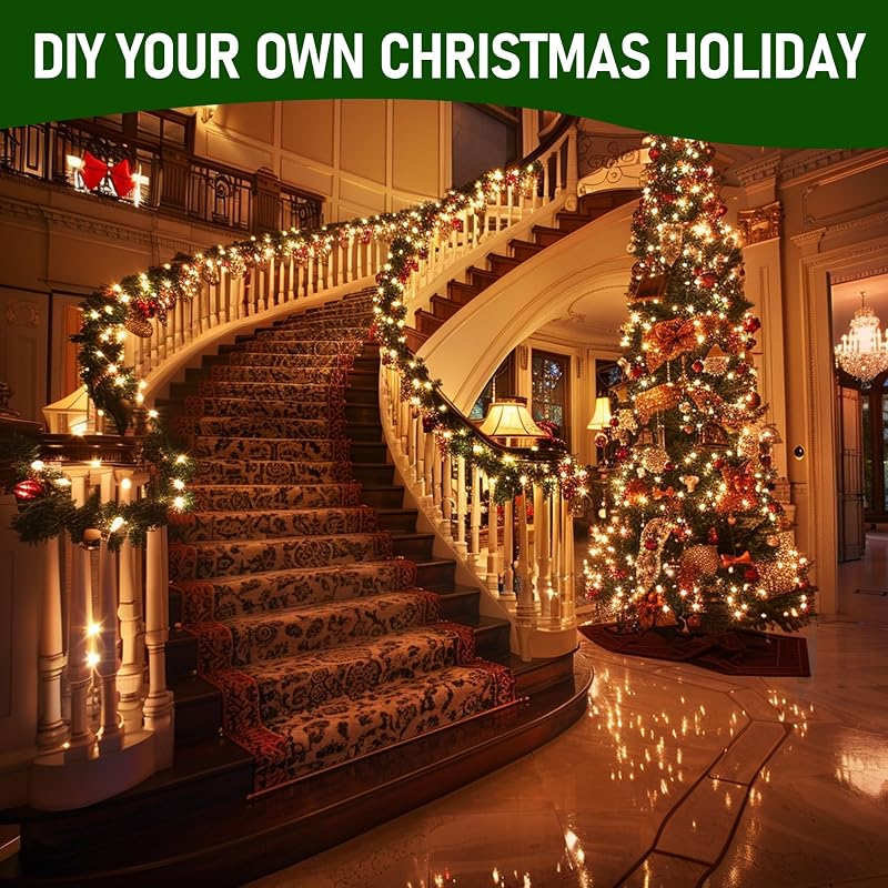 Warm White 30ft Pre-Lit Christmas Garland with 100 LEDs, 8 Modes, Indoor/Outdoor