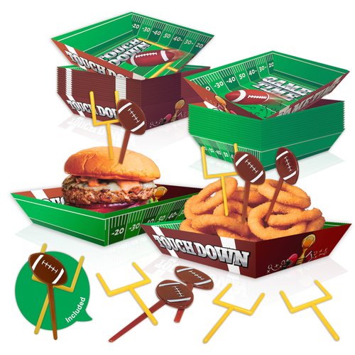 50-Piece Football Party Food Tray Box Kit - 30 Oil-Resistant Paper Snack Trays & 20 Goalpost and Football Picks for Nachos, Popcorn, Chips at Game Day, Tailgate, College Games and Sports Birthdays