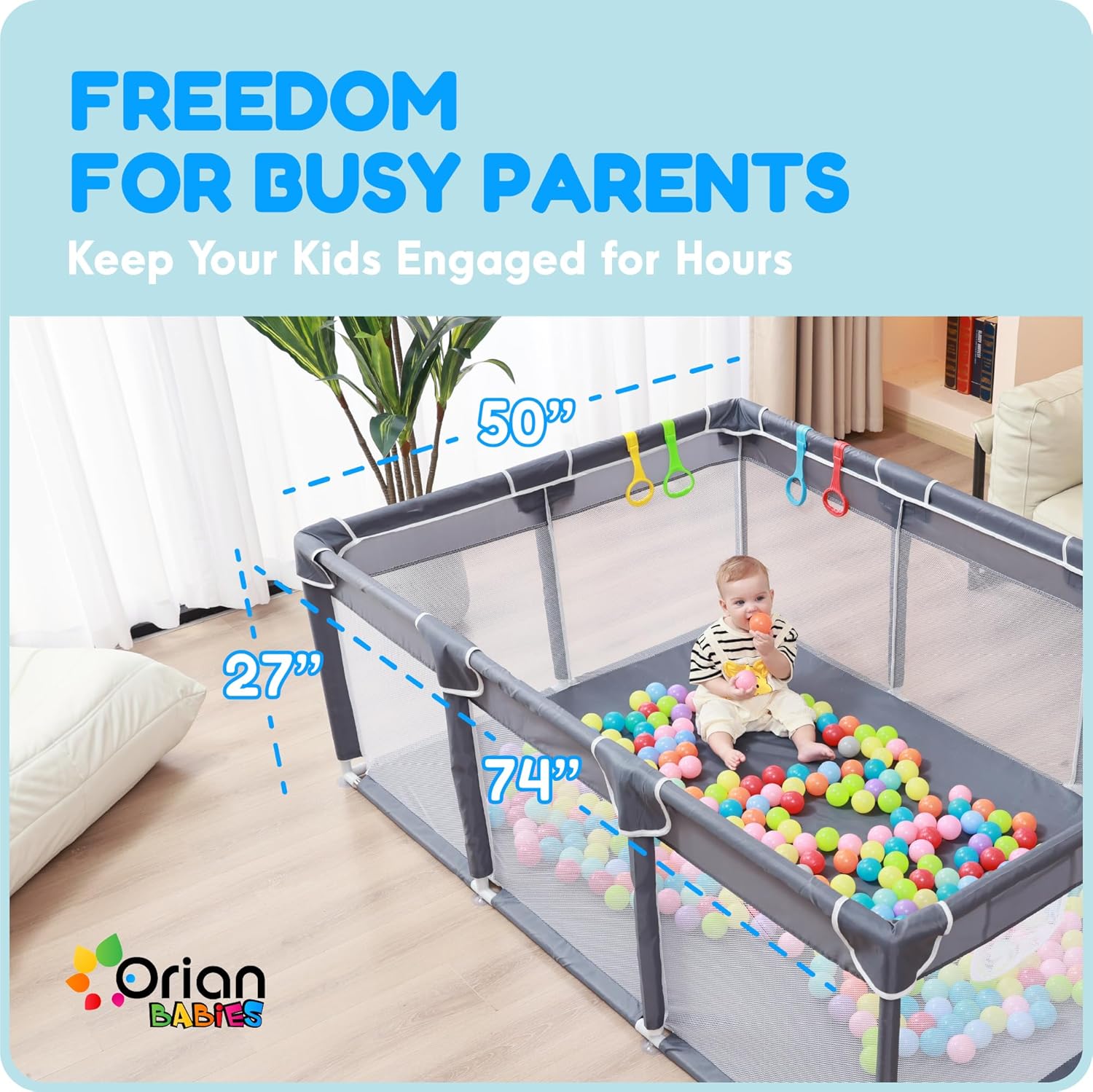 Orian Playpen - Large 50x74 Baby Play Yard | Sturdy Indoor/Outdoor Mesh Sides, Safe Play Area