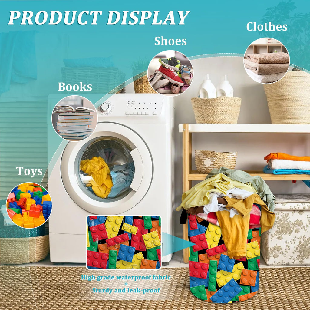 Colorful Building Blocks Laundry Basket, Funny Bricks Laundry Hamper Foldable Waterproof Tote Bag Dirty Clothes Storage Bucket Toy Organizer for Bathroom/Laundry/Bedroom 15.7"x19.6"