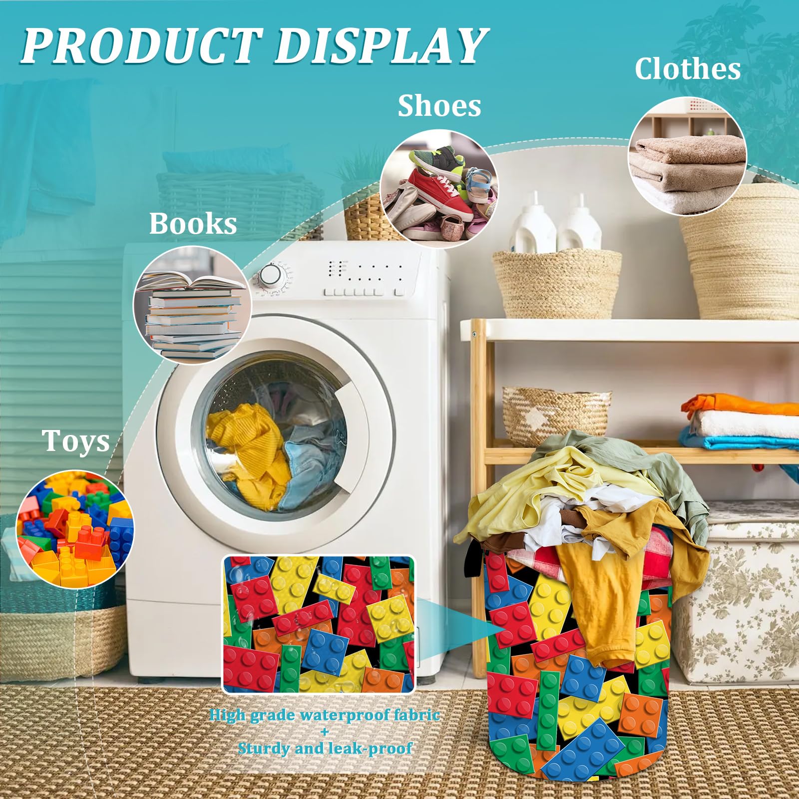 Colorful Building Blocks Laundry Basket, Funny Bricks Laundry Hamper Foldable Waterproof Tote Bag Dirty Clothes Storage Bucket Toy Organizer for Bathroom/Laundry/Bedroom 15.7"x19.6"