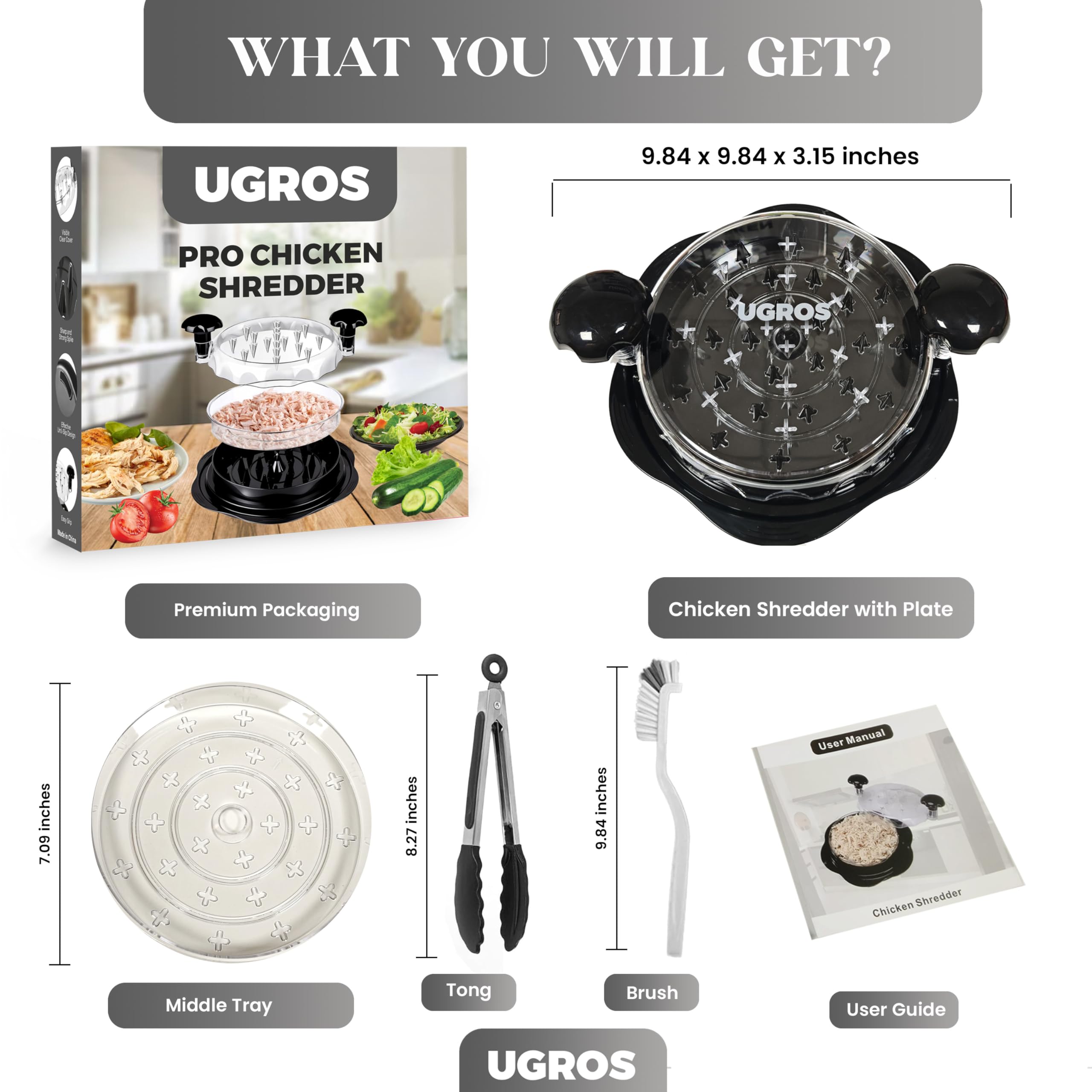 UGROS Chicken Shredder Large Tool Twist with Middle Plate, Food Tongs and Brush, Chicken Breast Shredder with Visible Anti Slip Design and Ergonomic Handles, BPA Free, Suitable for Chicken Pork Beef