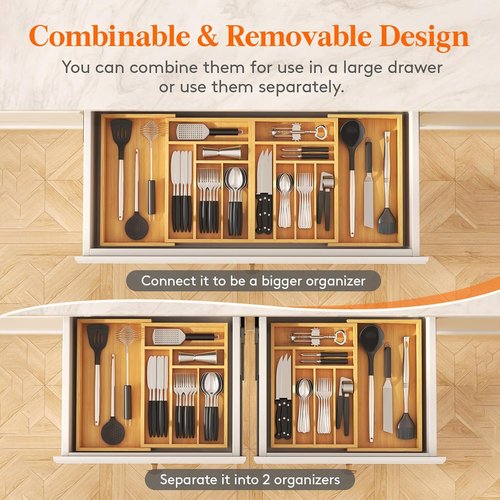 Lifewit Expandable Bamboo Silverware Drawer Organizer - Adjustable Utensil Tray for Kitchen | 21.4 to 36 Inches Wide, 13 Compartments