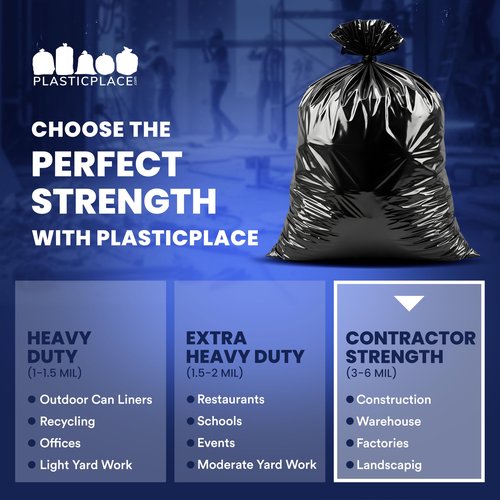 Plasticplace Contractor Trash Bags 42 Gallon │ 6.0 Mil │ Black Heavy Duty Garbage Bag │ 33” x 48” (25 Count)