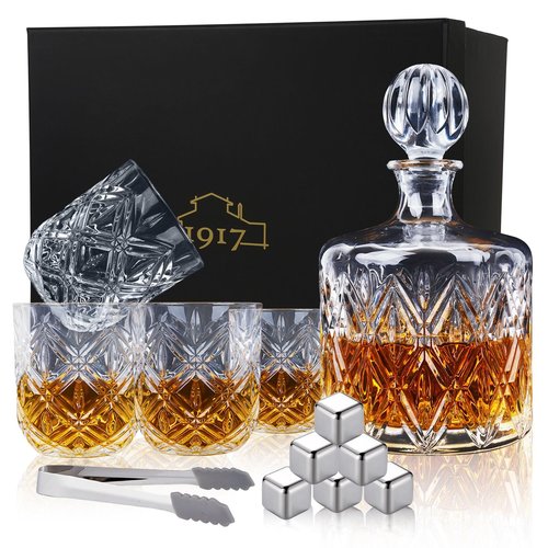 Crystal Whiskey Decanter Set for Men, Premium 37 Oz Decanter with 4 Whiskey Glasses, Whiskey Stones, Tongs - Classic Liquor Decanter for Scotch, Bourbon, Vodka, and More - Perfect for Home Bar
