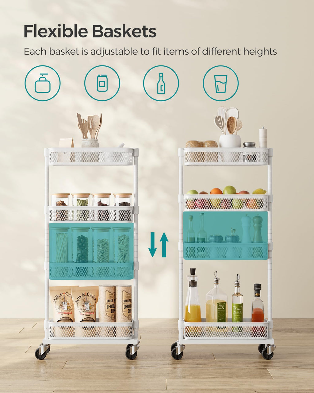 SONGMICS Slim Storage Cart, 4-Tier Metal Rolling Cart with Wheels, Flexible Baskets, Narrow Cart for Kitchen, Bathroom, Laundry Room, Easy Assembly, White UBSC065W01