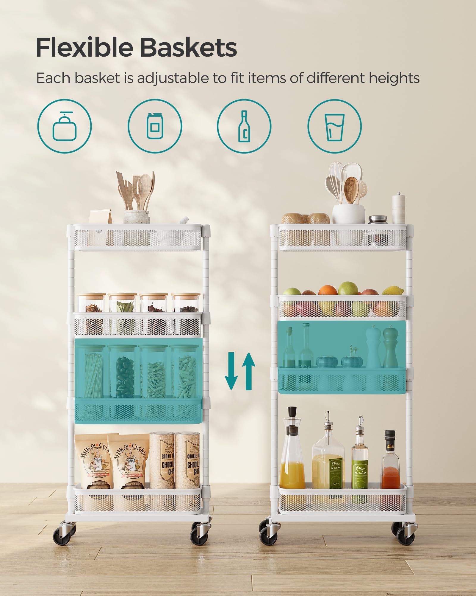 SONGMICS Slim Storage Cart, 4-Tier Metal Rolling Cart with Wheels, Flexible Baskets, Narrow Cart for Kitchen, Bathroom, Laundry Room, Easy Assembly, White UBSC065W01
