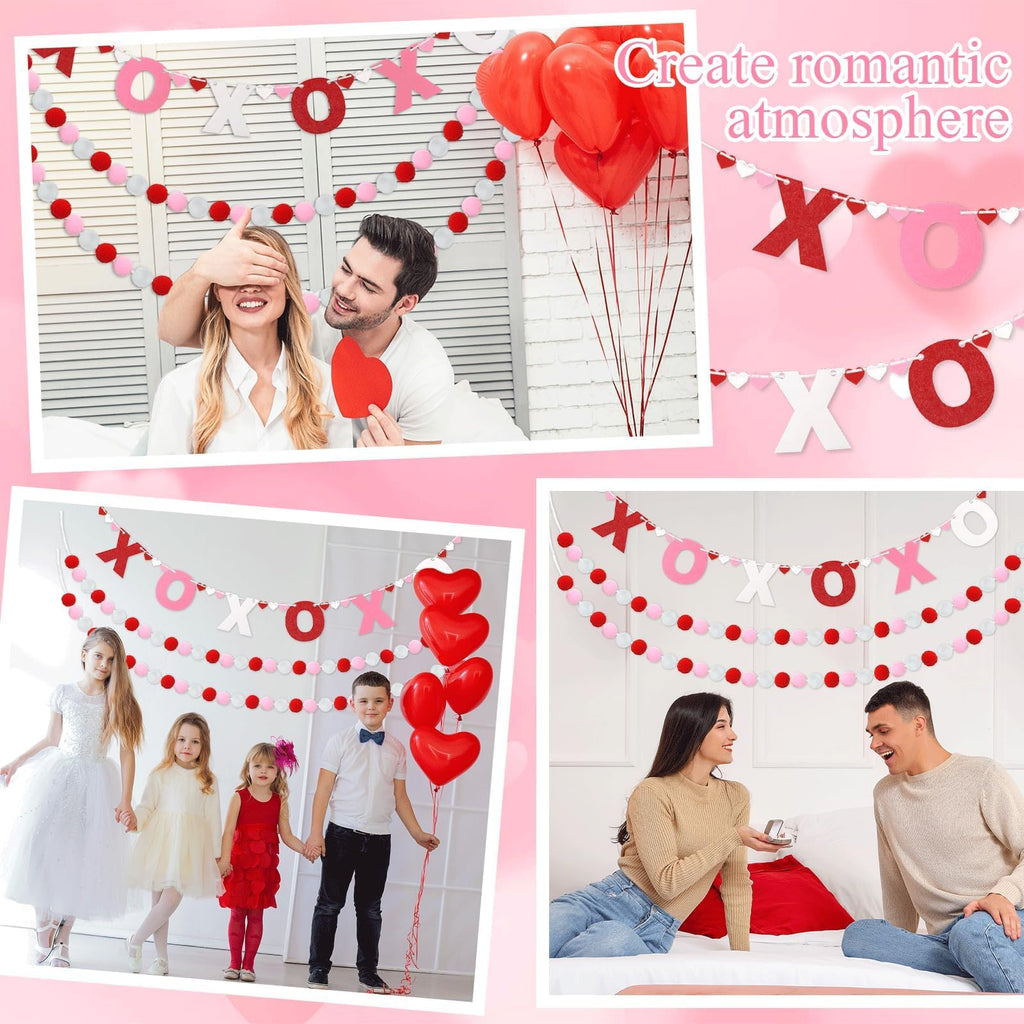 QOUBAI 3pcs Valentine's Day Garland Felt Ball Garland 10ft Pompom Garland Valentine Decorations XOXO Felt Ball Banner for Mantle Fireplace Room Valentine's Day Anniversary Engagement Party Supplies