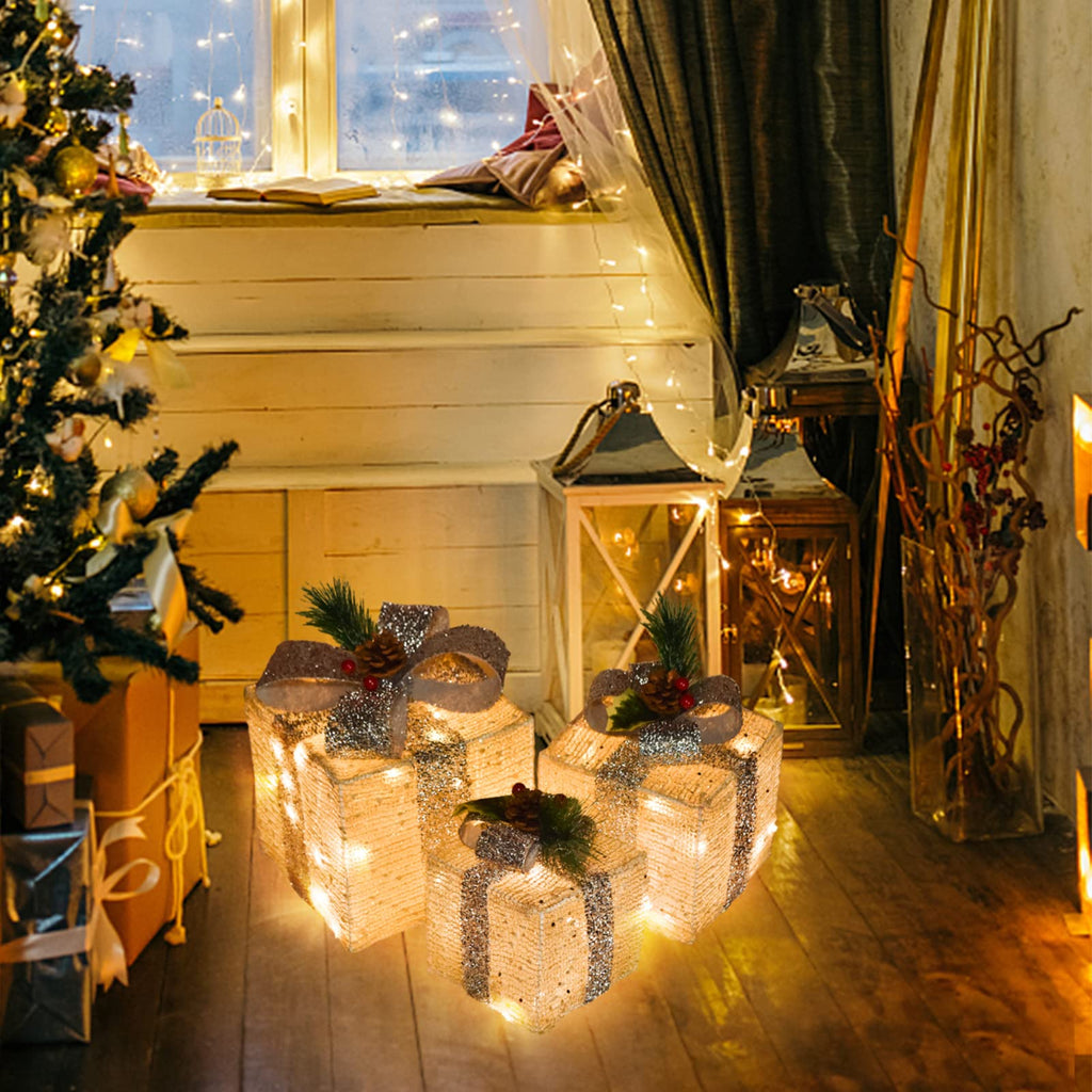 COVFEVER Christmas Lighted Gift Boxes, Pre-lit Lights Gold Linen Cloth Gift Boxes, Light up Present Boxes Set Battery Operated with Different Sizes for Holiday Indoor Outdoor Decorations (Gold Liene)