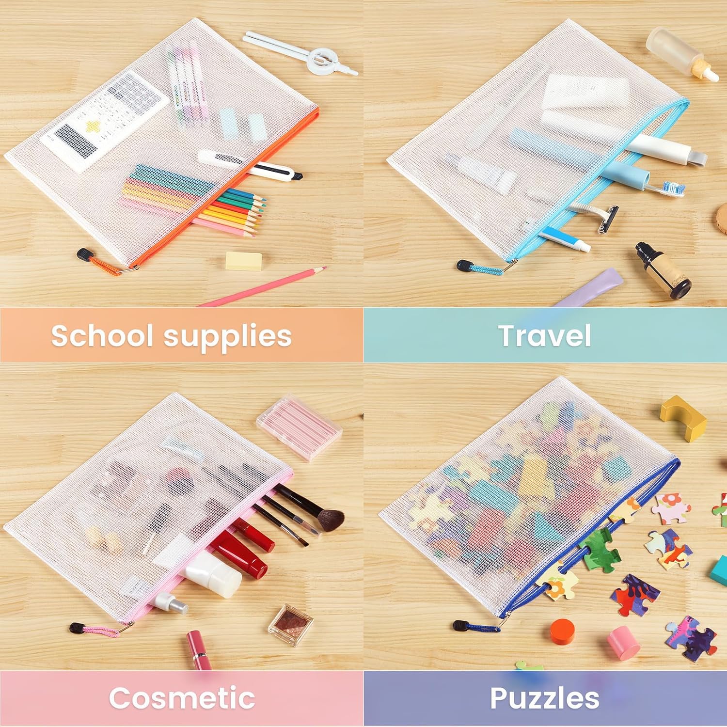 Sooez 24 Pack Mesh Zipper Pouches - Durable A4 Storage Bags with Sticky Labels for Organizing Toys & Games