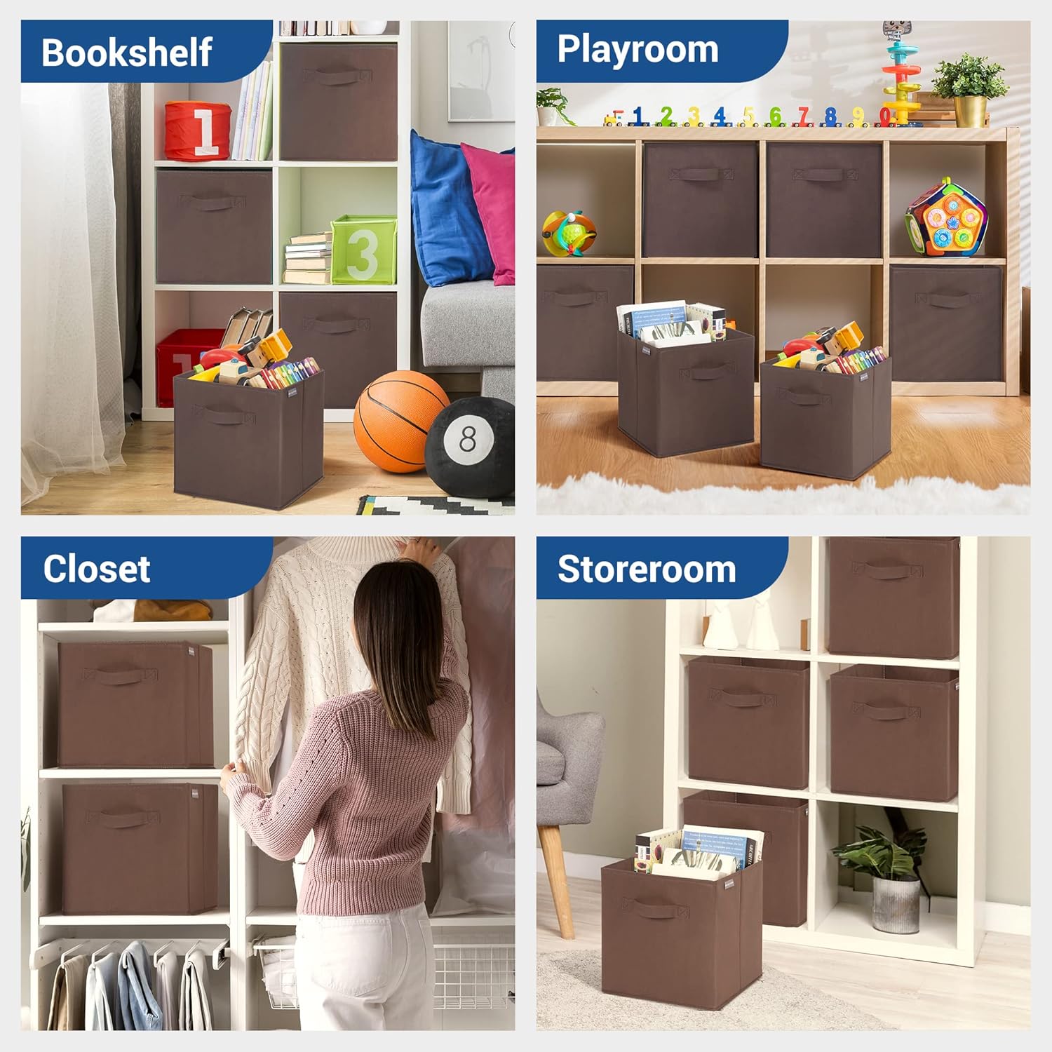 Storage Maniac Collapsible Storage Cubes - 11 Inch Fabric Bins with Handles | 6 Pack for Organized Spaces - Brown