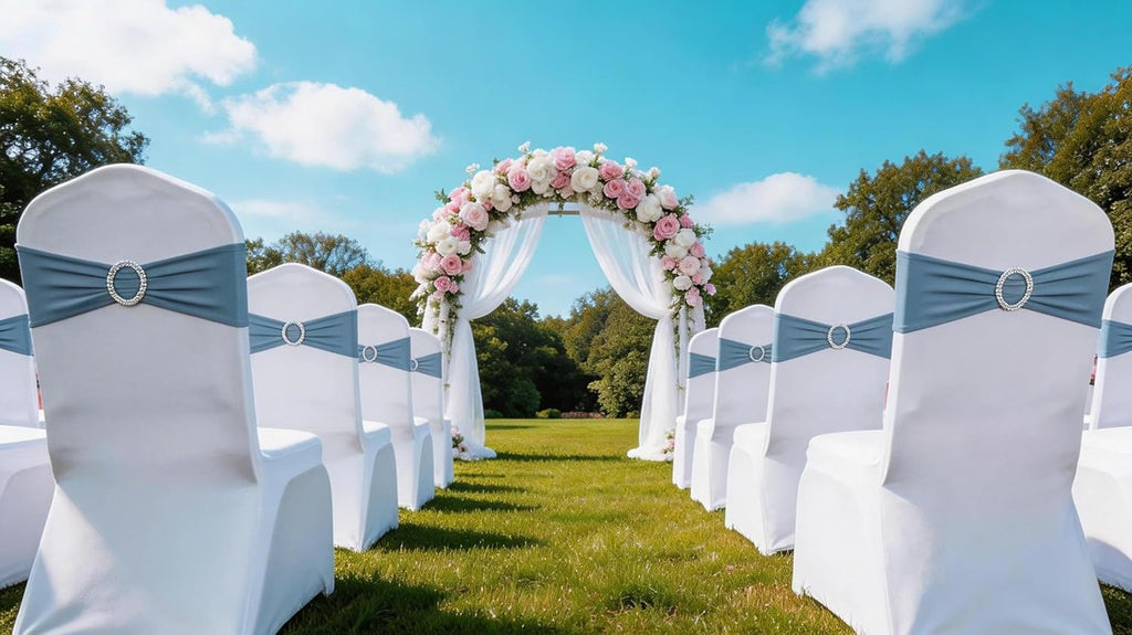 Skiennix 100 PCS Spandex Chair Sashes - Dusty Blue Stretch Bands with Buckles for Weddings & Events
