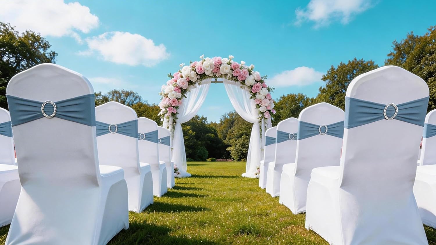 Skiennix 100 PCS Spandex Chair Sashes - Dusty Blue Stretch Bands with Buckles for Weddings & Events