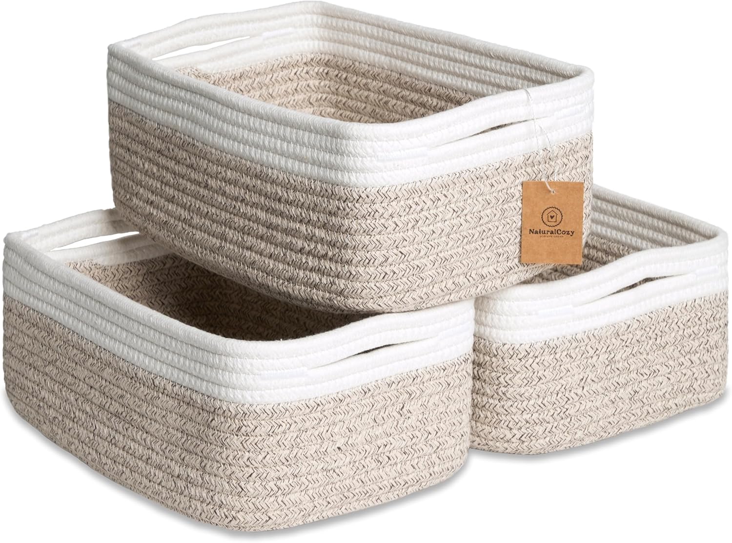 NaturalCozy Storage Baskets - 3 Pack Cotton Rope Woven Bins for Organizing | Ideal for Nursery, Bathroom, Closet