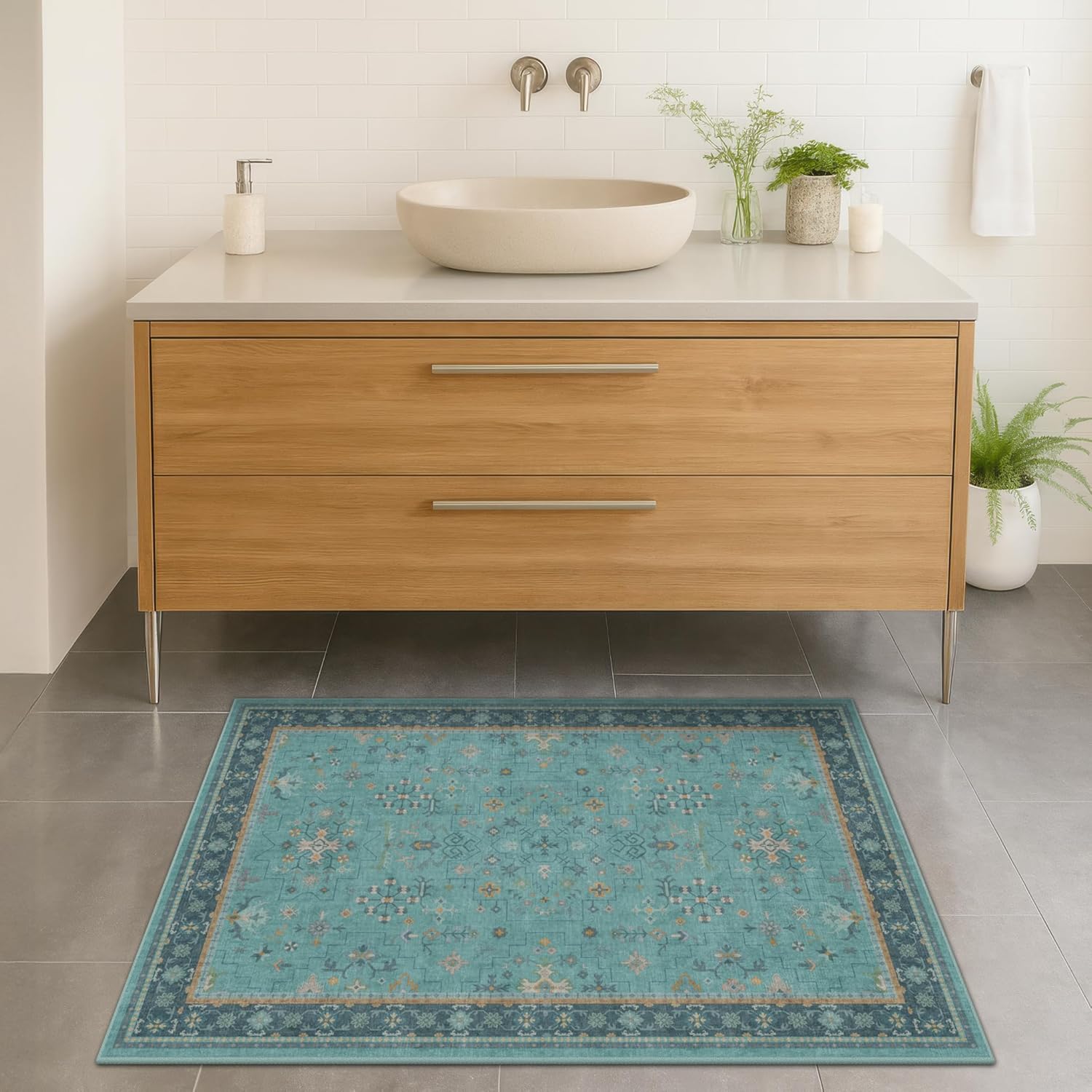 Skiennix 2x3 Washable Teal Rug - Waterproof Non-Slip Low Pile for Entryway & Kitchen | Stain & Fade Resistant Modern Décor