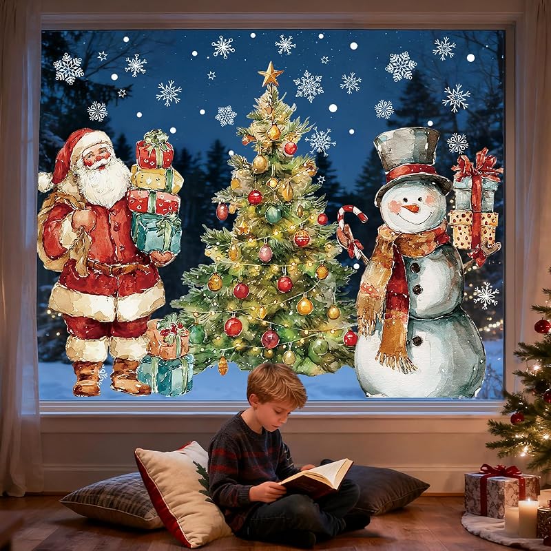 Santa & Snowman Watercolor Window Clings – 3 Sheets Large 15.7 x 31.5 in, Reusable Xmas Window Decals (Variation: Santa and Snowman)