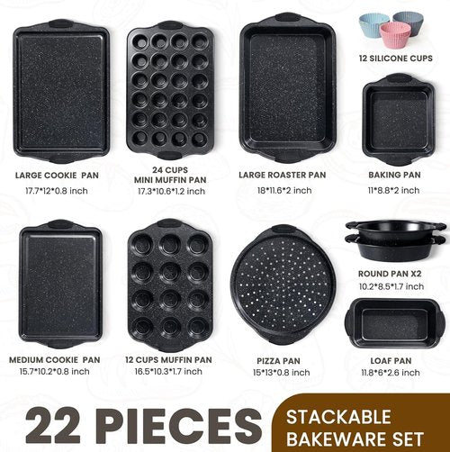 Kikcoin Nonstick Baking Pans Set - 22 PCS Stackable Bakeware with Silicone Handles | 450°F Oven Safe, Easy Release
