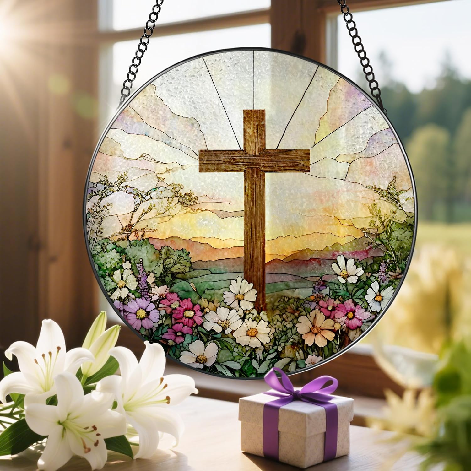 Skiennix 8-Inch Stained Glass Cross Suncatcher - Beautiful Wildflower Design for Home Decor